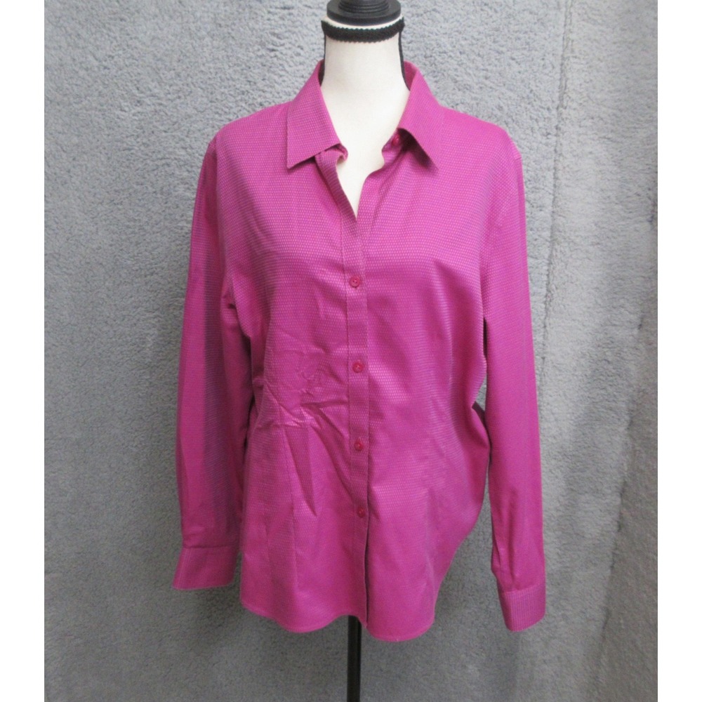 Foxcroft Geometric Shirt Women 14 Pink Non Iron Fitted Button Up Career Office